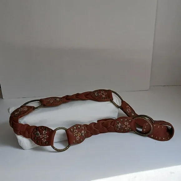 Vintage Brown  Studded Leather Embroidered Floral Beaded  Brass Ring Belt Brown Leather Flower Belts for Women for sale | eBay main image 4